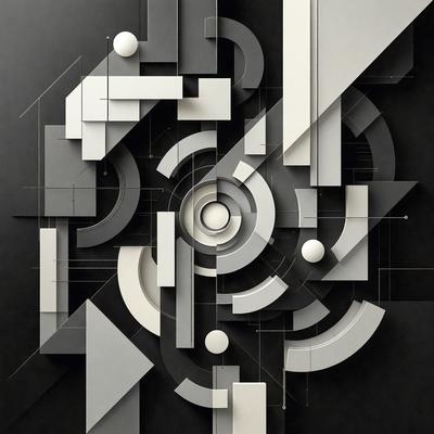 The primary subject of the image is a geometric artwork, featuring a combination of white and gray tones. The setting is a black background, which contrasts with the artwork, emphasizing its shapes and patterns. The visual style is a mix of digital art and illustration, creating a unique and intricate design. The colors and mood of the artwork are predominantly neutral, with a focus on the shapes and patterns rather than vibrant hues.